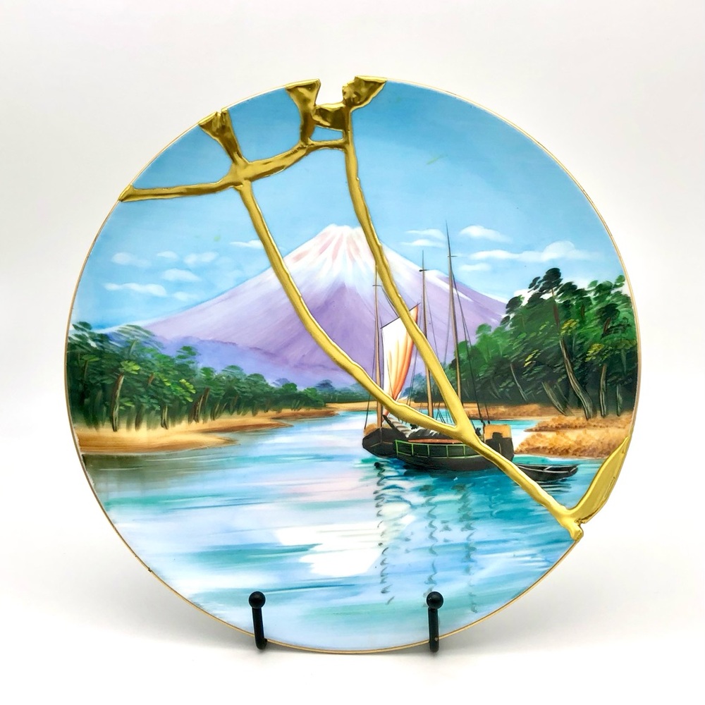 Kintsugi Plate Japanese Hand Painted Landscape Sailboat Gold Crack Growth Gift